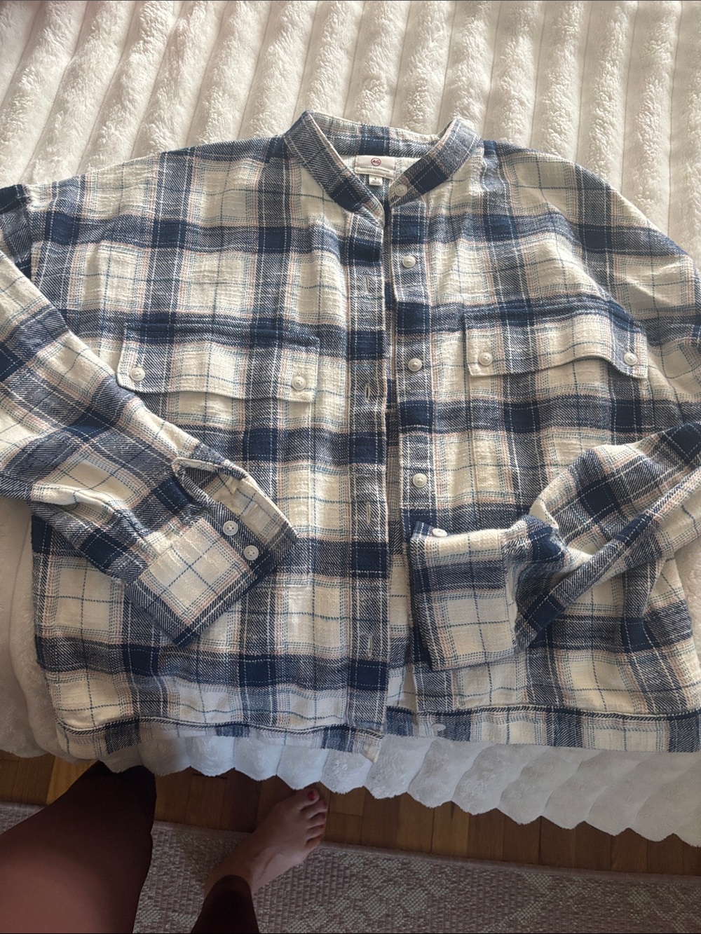 AG Adriano Goldschmied Navy, Cream & Tan Plaid Button-Up